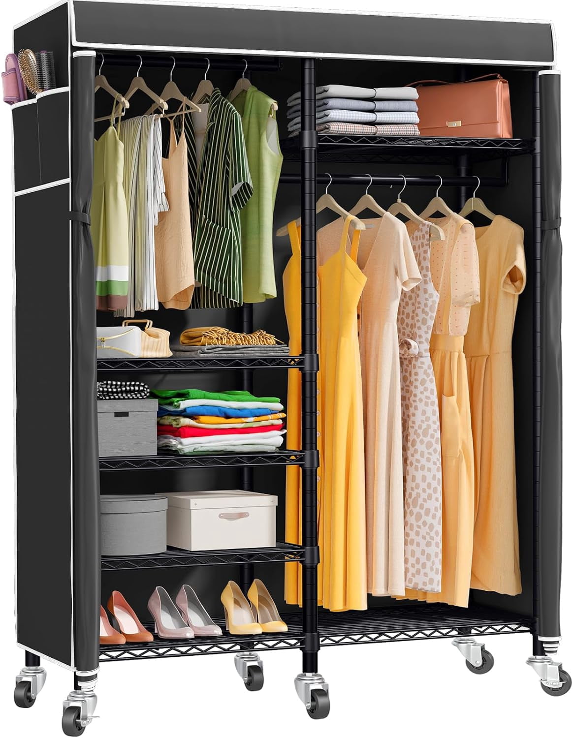 Heavy Duty Foldable Wardrobe With Cover - 74.8" Tall, 1200 Lb Capacity, Freestanding Clothes Rack