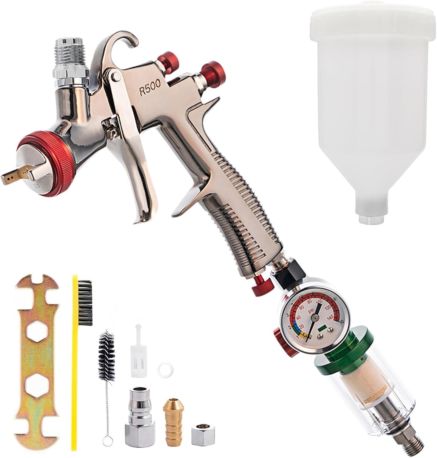 R500 LVLP Spray Gun 1.3mm Nozzles with Air Regulator & OilWater