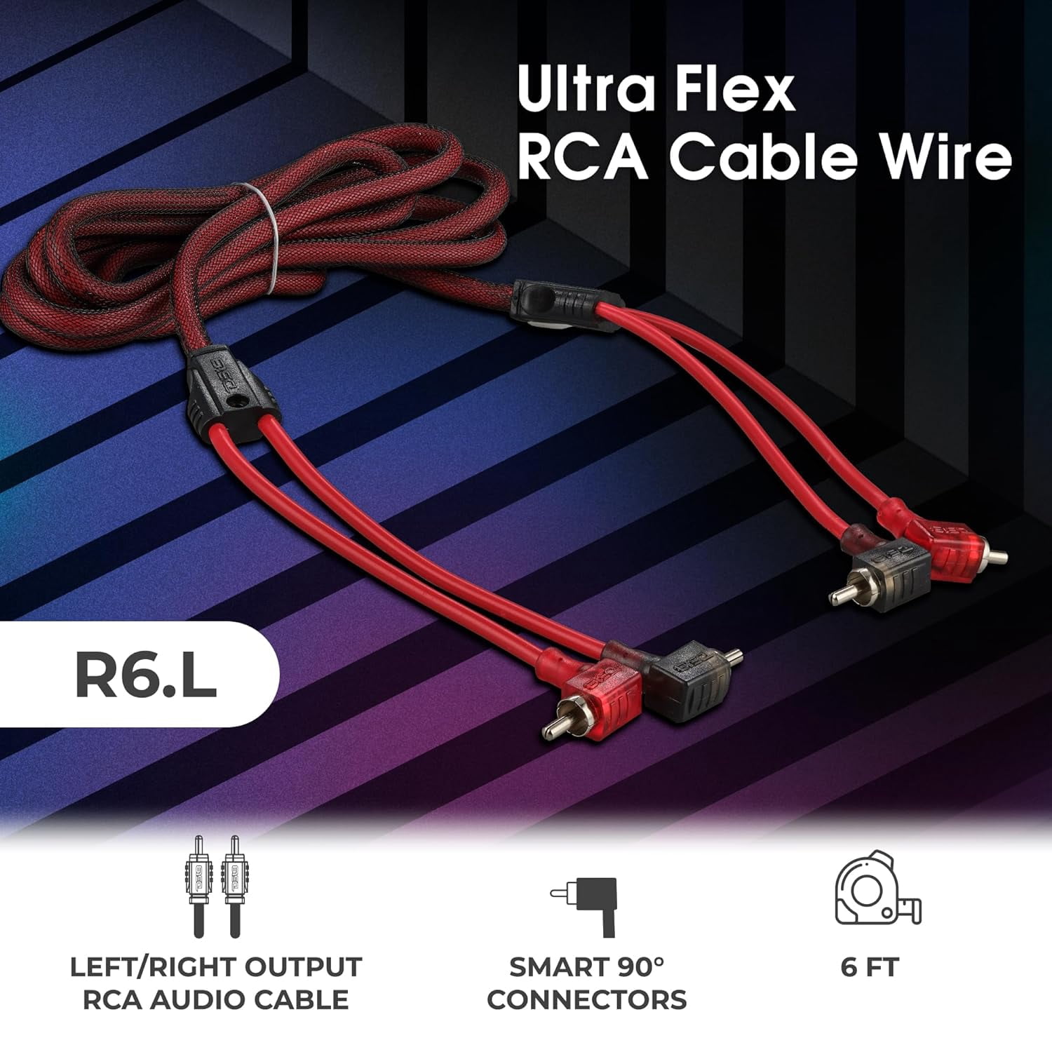 R6.L 100% Oxygen Free Copper OFC Ultra Flex 2-Channel RCA with 90 Degree Ends - Dual Twist Wire Noise Reducing Audio Cable for Amplifiers, Subwoofers, Speakers - 6 FT