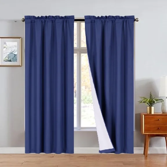 Navy Blue R64- 2pc set solid matte smooth foam backing lined light filtering up to 65% blackout window curtain panel treatment drape rod pocket top in size 108" long