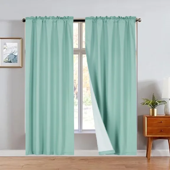 Teal R64- 2pc set solid matte smooth foam backing lined light filtering up to 65% blackout window curtain panel treatment drape rod pocket top in size 108" long