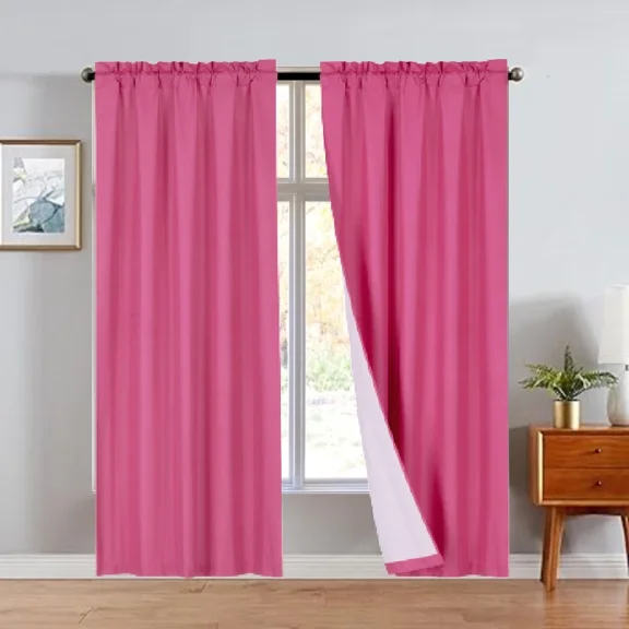 Hot Pink R64- 2pc set solid matte smooth foam backing lined light filtering up to 65% blackout window curtain panel treatment drape rod pocket top in size 108" long