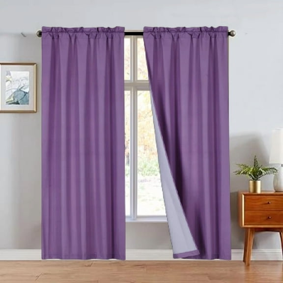 Purple R64- 2pc set solid matte smooth foam backing lined light filtering up to 65% blackout window curtain panel treatment drape rod pocket top in size 108" long