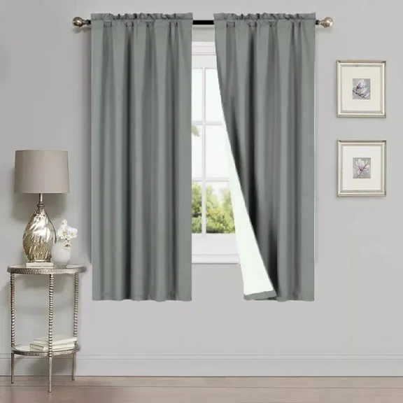 Gorgeous Home Linen 2 Piece Set Foam Lined Backing Window Curtain Rod Pocket Matte Solid Color Charcoal 37" Width x 63" Length Each Piece
