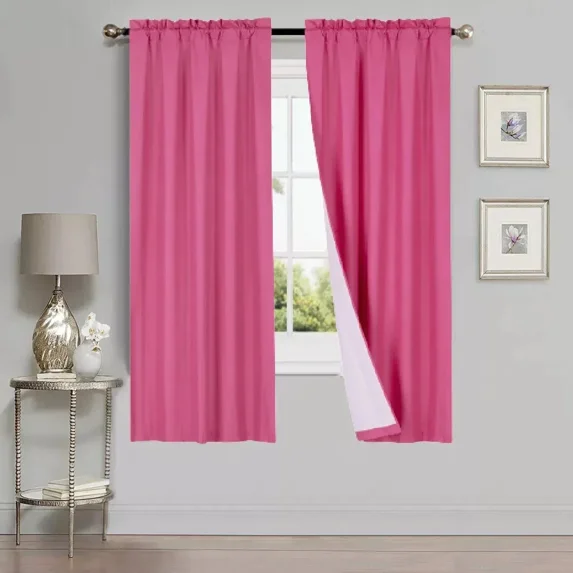 Gorgeous Home Linen 2 Piece Set Foam Lined Backing Window Curtain Rod Pocket Matte Solid Color Hot Pink 37" Width x 63" Length Each Piece
