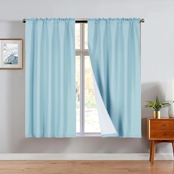 R64 2 piece solid insulated foam backing lined thermal blackout window curtain panel treatment drape rod pocket top matte smooth in different sizes 63" light blue