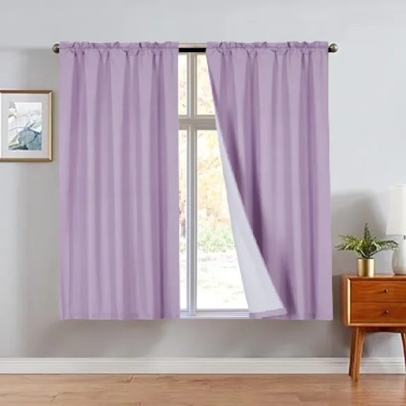 R64 2 piece solid insulated foam backing lined thermal blackout window curtain panel treatment drape rod pocket top matte smooth in different sizes 63" lilac