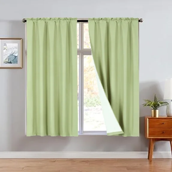 R64 2 piece solid insulated foam backing lined thermal blackout window curtain panel treatment drape rod pocket top matte smooth in different sizes 63" sage green