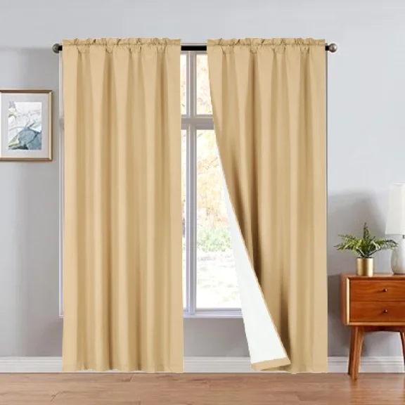 R64 2 piece solid insulated foam backing lined thermal blackout window curtain panel treatment drape rod pocket top matte smooth in different sizes 84" Gold