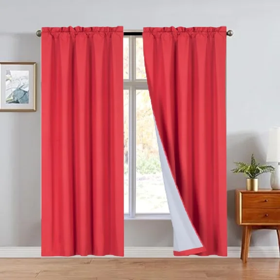 Red R64- 2pc set solid matte smooth foam backing lined light filtering up to 65% blackout window curtain panel treatment drape rod pocket top in size 37"w x84" long each pc
