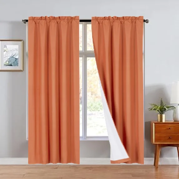 R64 2 piece solid insulated foam backing lined thermal blackout window curtain panel treatment drape rod pocket top matte smooth in different sizes 95" brick