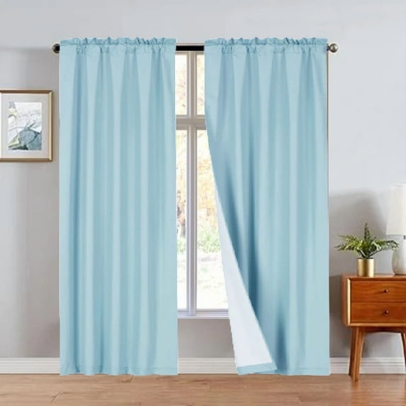 R64 2 piece solid insulated foam backing lined thermal blackout window curtain panel treatment drape rod pocket top matte smooth in different sizes 95" light blue