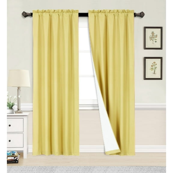 R64 2Pc Solid Foam Backing Lined Window Curtain Panels Treatment Rod Pocket Drape Matte Smooth Fabric 35 Inches Wide X 95 Inches Long Each pc Color Yellow