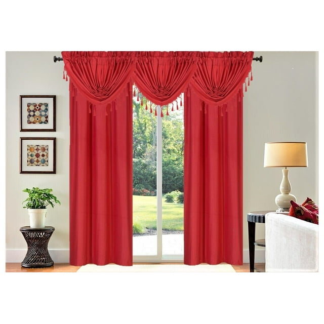 R64 Set of 2 Panels & 3 Matching Waterfall Valances Red color 100 Privacy Blackout Window