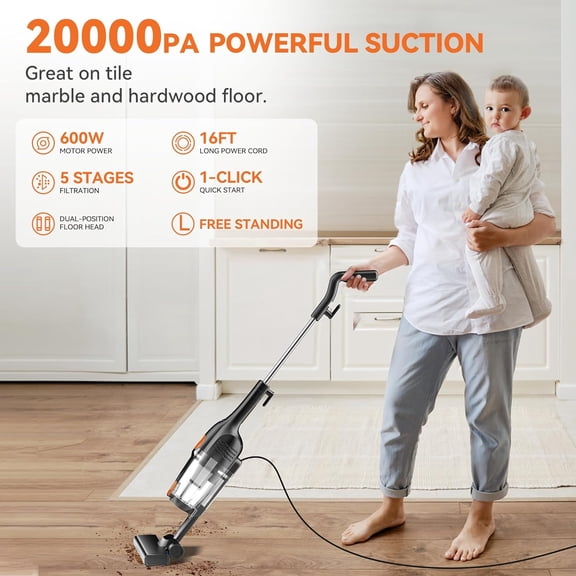 R6X Corded Stick Vacuum Cleaners for Home, 20Kpa Powerful Suction Stick Vacuum with 16Ft Cord, 2 in 1 Lightweight Handheld Vacuum Cleaner for Hardwood Floor Pet Hair