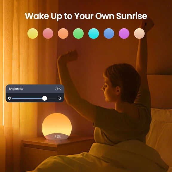 R7APP Sunrise Alarm Clock with App Control, Custom Wake & Sleep Routines - Multi Sunrise Color, White Noise Sound , Dimmable Display | Night Light, Screen- Sleep