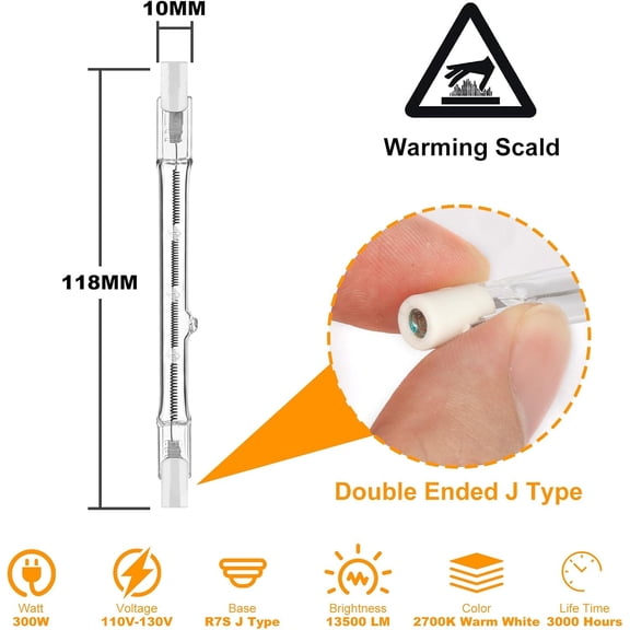 R7S Halogen Light Bulbs 300W 120V,5 Pcs J Type T3 Halogen Work Light Bulbs R7S 118mm,Double Ended Halogen Bulb for Work,Security,Landscape Lights,Floor Lamps,Dimmable,Warm White 2700K,4.6 Inch