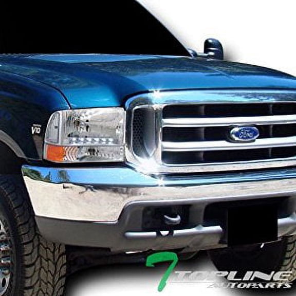 R8 Style DRL LED Light Strip Headlight Head Lamp Signal Light Set Replacement in Chrome Housing Clear Lens Made For And Compatible With 1999 - 2004 Ford F250 F350 F450 F550 Superduty Excursion