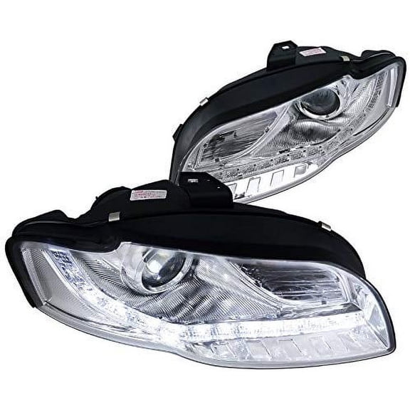 R8 Style DRL LED Light Strip Projector Headlight Head Lamp Replacement in Chrome Housing Clear Lens Made For And Compatible With 2006 - 2008 Audi A4