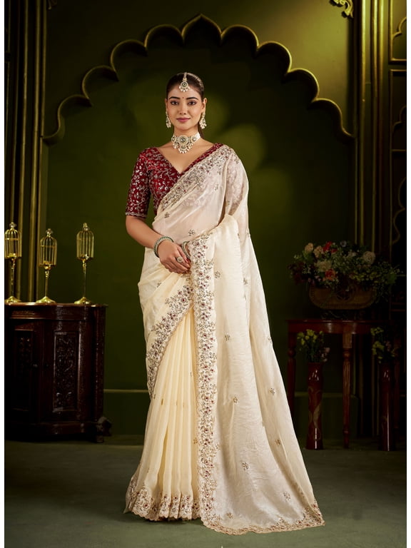 Women's Beige Satin Silk Embroidery Work Saree With Unstitched Heavy Embroidery Work Blouse Piece