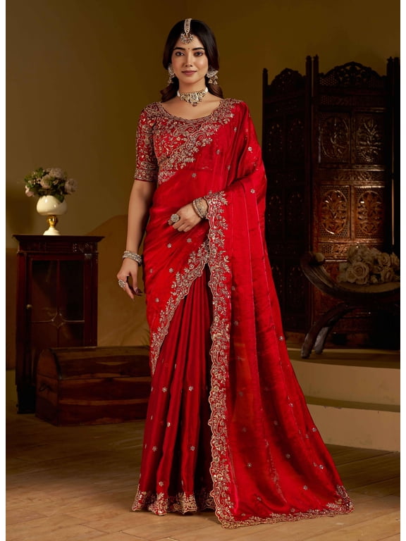 Women's Satin Silk Embroidery Work Saree With Unstitched Heavy Embroidery Work Blouse Piece(Red)
