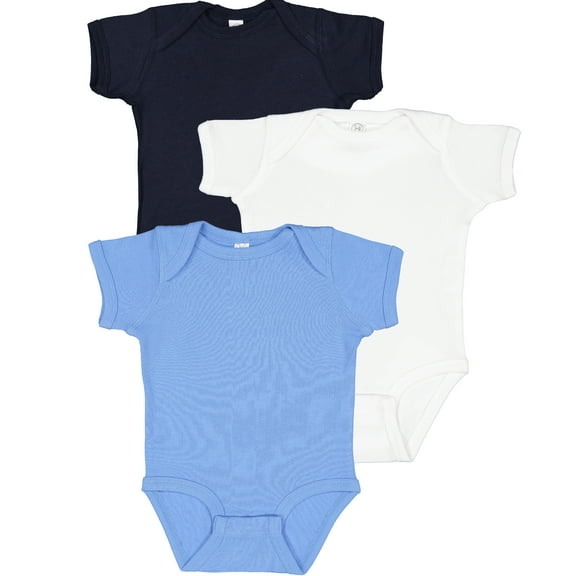RABBIT SKINS Baby Bodysuit Girl & Boy | Newborn 0-3 Months to 24 Month Toddler 3-Pack Bulk Set, Snap Easy Closure, Carolina Blue/White/Navy, 12 Months