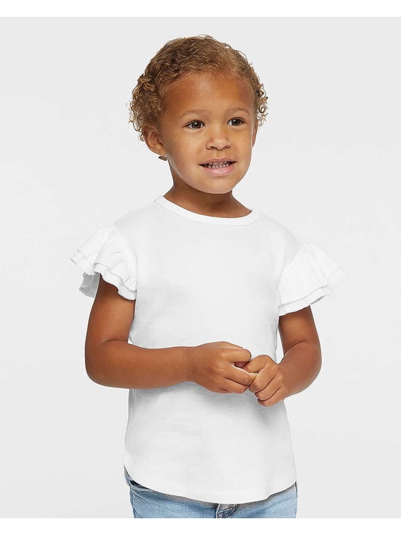 Toddler Girls Flutter Sleeve Tee | Cute T-Shirt with Ruffles, White, 5