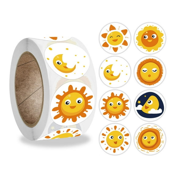 RABBITH 500Pcs/Roll 8 Styles Round Cartoon for Sun Smiley Kids Reward Stickers Party Handmade Scrapbooking Gift Packaging Seal Labels Baking Envelope Stationery Decoration