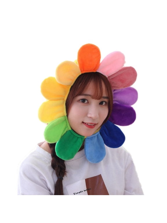 Adult Kids Funny Rainbow Colorful Sunflower Hat Soft Plush Petals Blooming Hood
