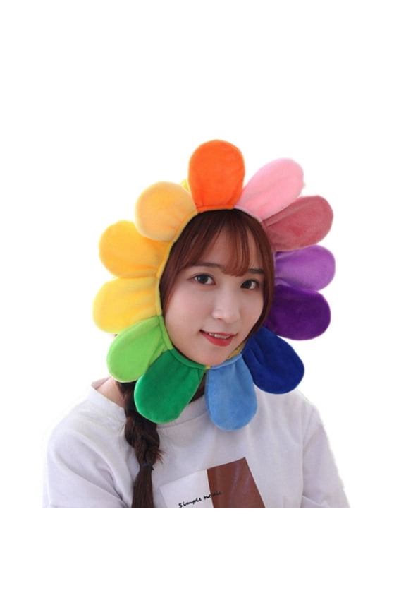 Adult Kids Funny Rainbow Colorful Sunflower Hat Soft Plush Petals Blooming Hood