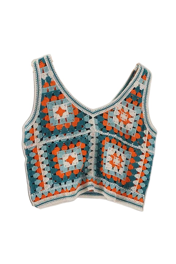 Women Crochet Sleeveless Crop Top V-Neck Multicolor Square Pattern Knitted Vest