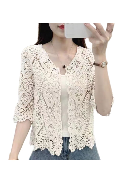 Women Knitted Lace Shrug Boho Hollow Crochet Floral 3/4 Sleeves Open Front Cropped Cardigan Elegant Mesh Sweater Coveup