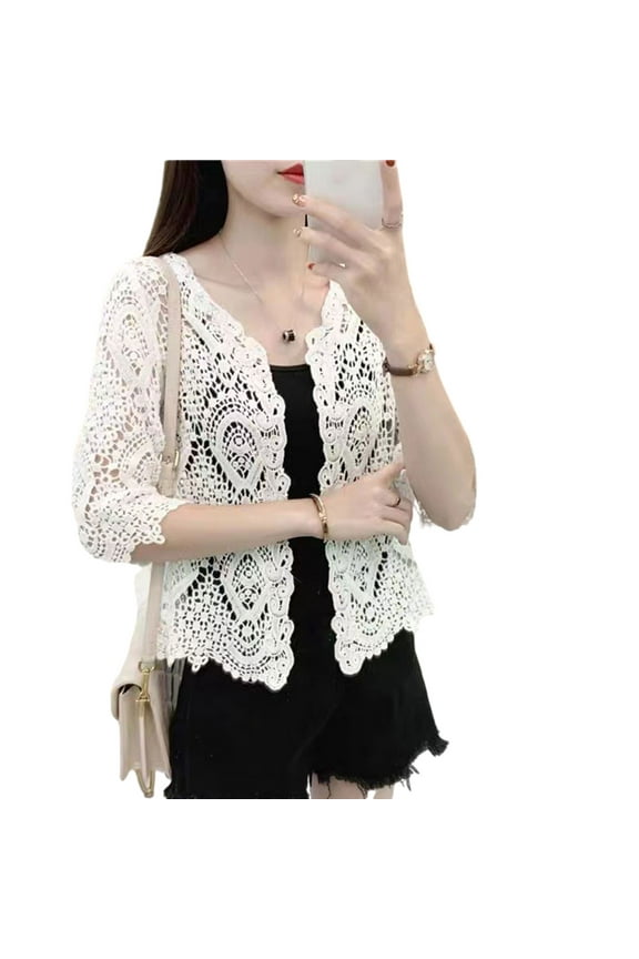 Women Knitted Lace Shrug Boho Hollow Crochet Floral 3/4 Sleeves Open Front Cropped Cardigan Elegant Mesh Sweater Coveup