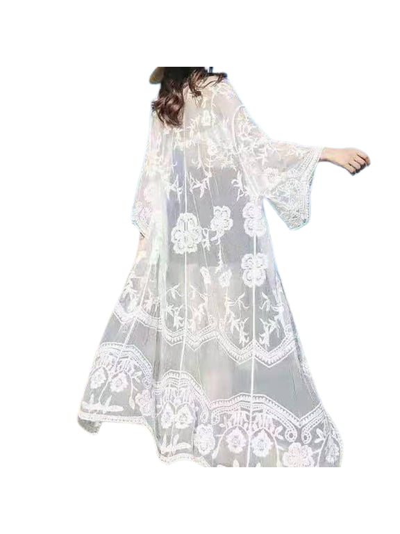 Women Summer Embroidery Lace Kimono Cardigan See-Through Mesh Long Bikini Cover Up Tie Open Front Crochet Beach Blouse