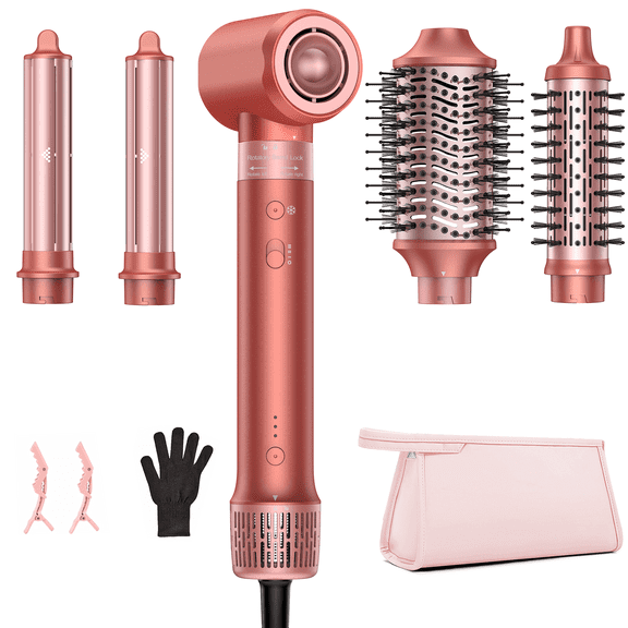 RACCOMB 5-in-1 Coral Red Hot-Air Styler, 110,000RPM Hair Dryer Brush for Curling, Straightening, Drying