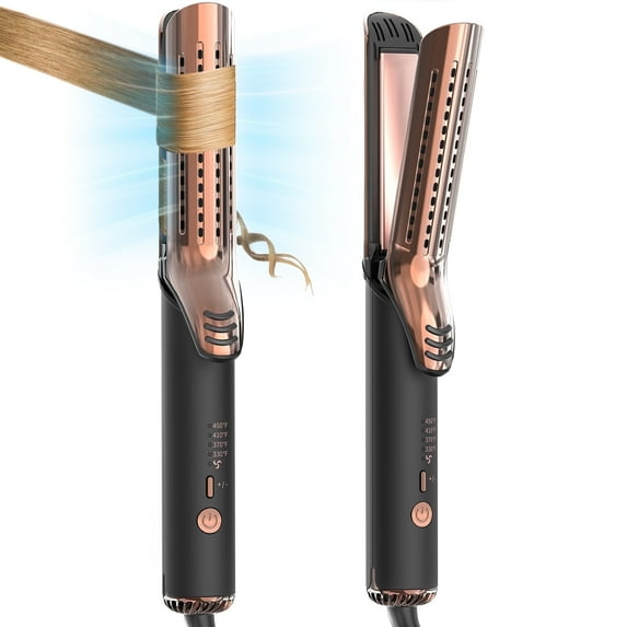 RACCOMB Salon 360° Airflow Styler, Makeup-Ready 2 in 1 Curling Iron & Hair Straightener, Ionic Keratin Hair Wand, Titanium Straight Flat Iron, Black+Gold