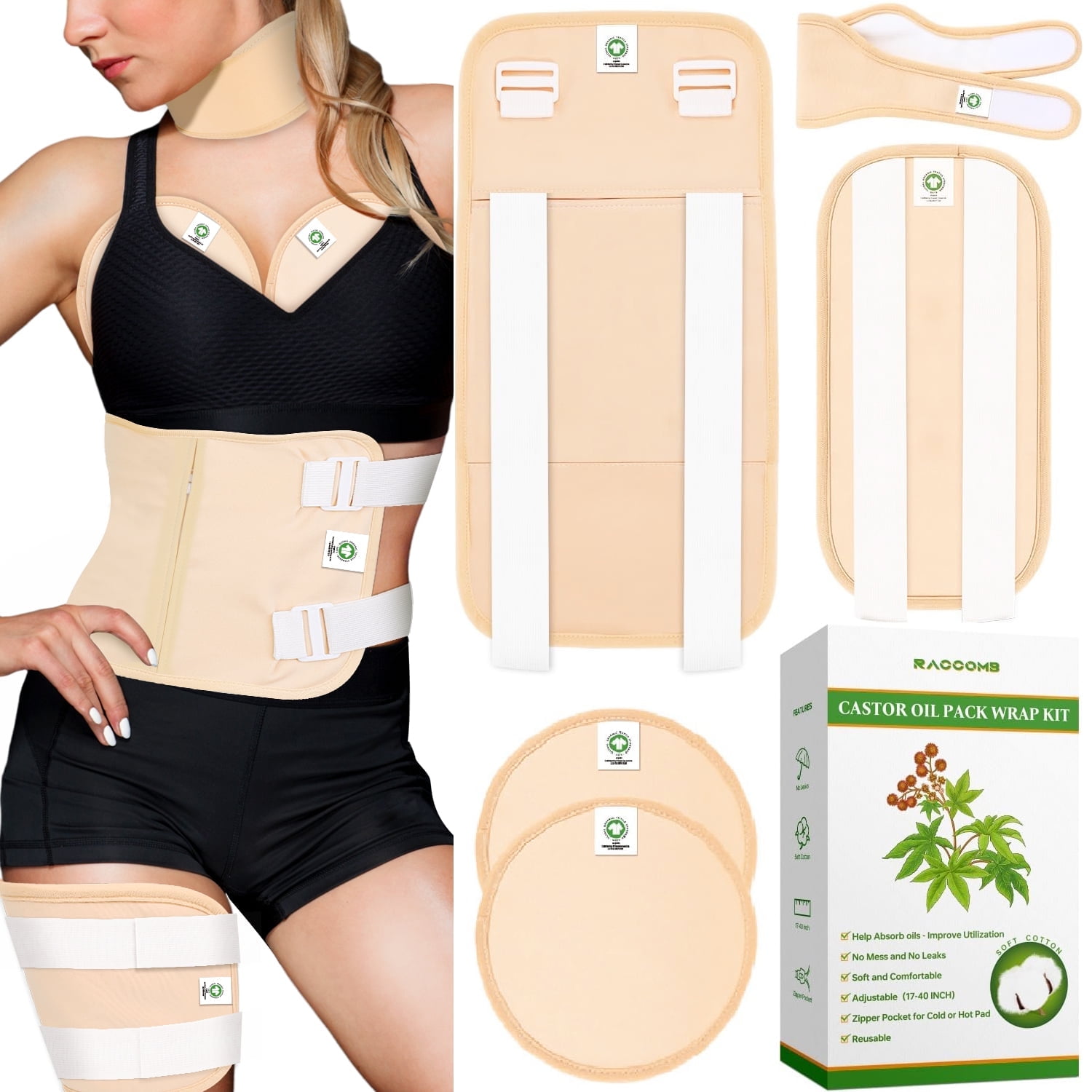 RACCOMB Castor Oil Pack Wrap for Women, 5PCS Real 