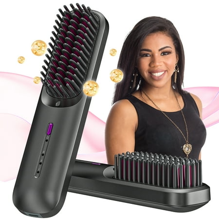 RACCOMB Hair Straightener Brush, Portable Wireless Straightener Brush for Travel, for Straightening or Curling Hair, Heat Brush with Ceramic Coating, Anti-Scald