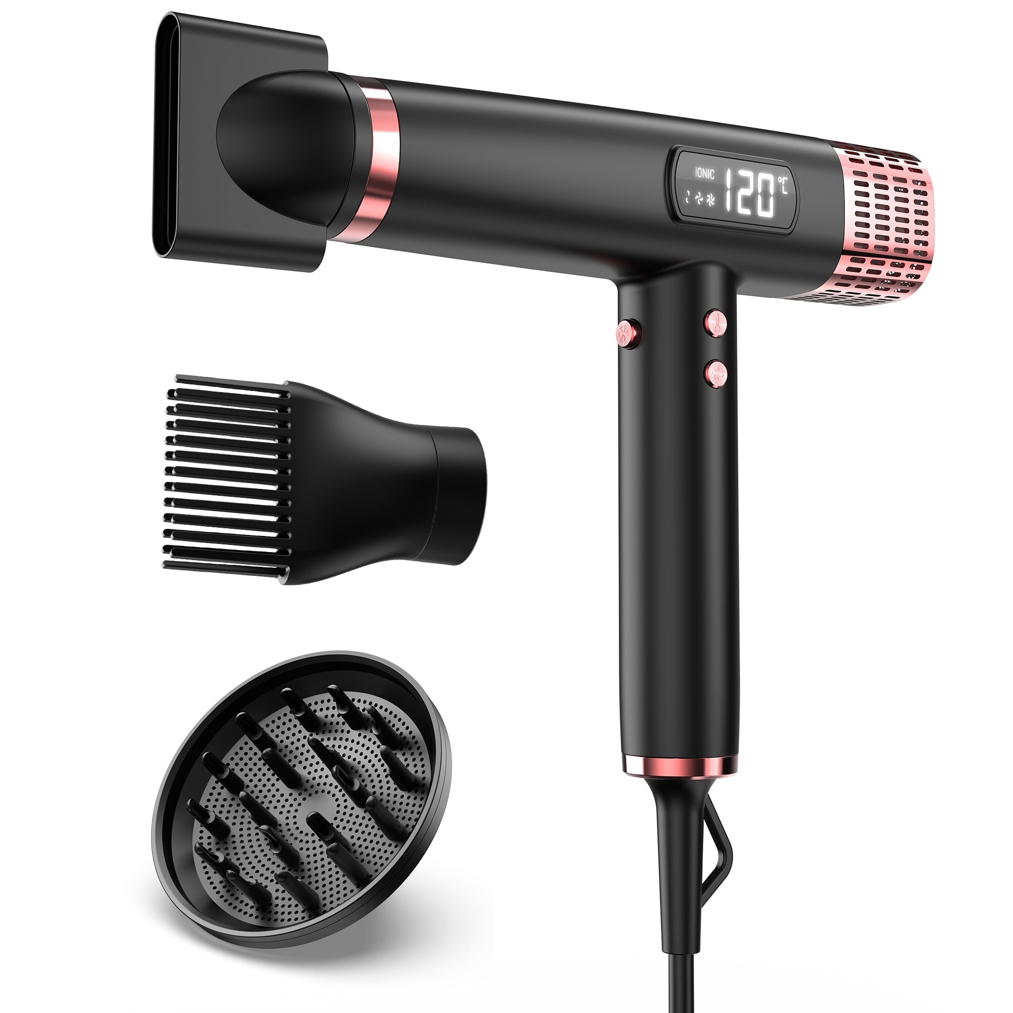 Dual Voltage Ionic Hair Dryer with Diffuser, High Speed Ionic Hair Dryer, Fast Drying, No Heat Damage, Instant Heat Blow Dryer with 3 Attachments, LCD Screen