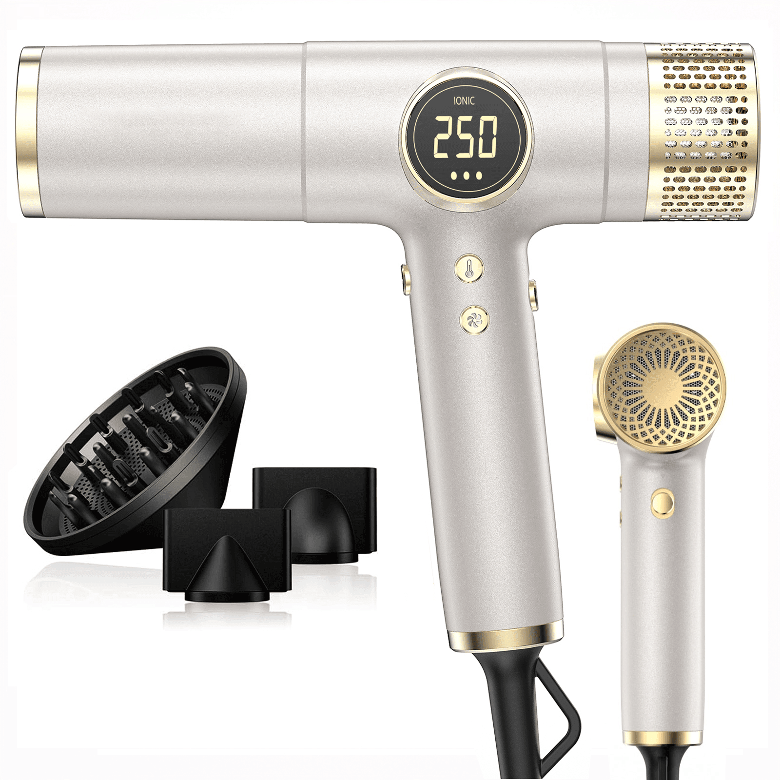 RACCOMB Professional Ionic Hair Dryer, Instant Heat Blow Dryer for Woman & Man, Anti-Static Technology, 2000 W, 3 Attachments, Gold.
