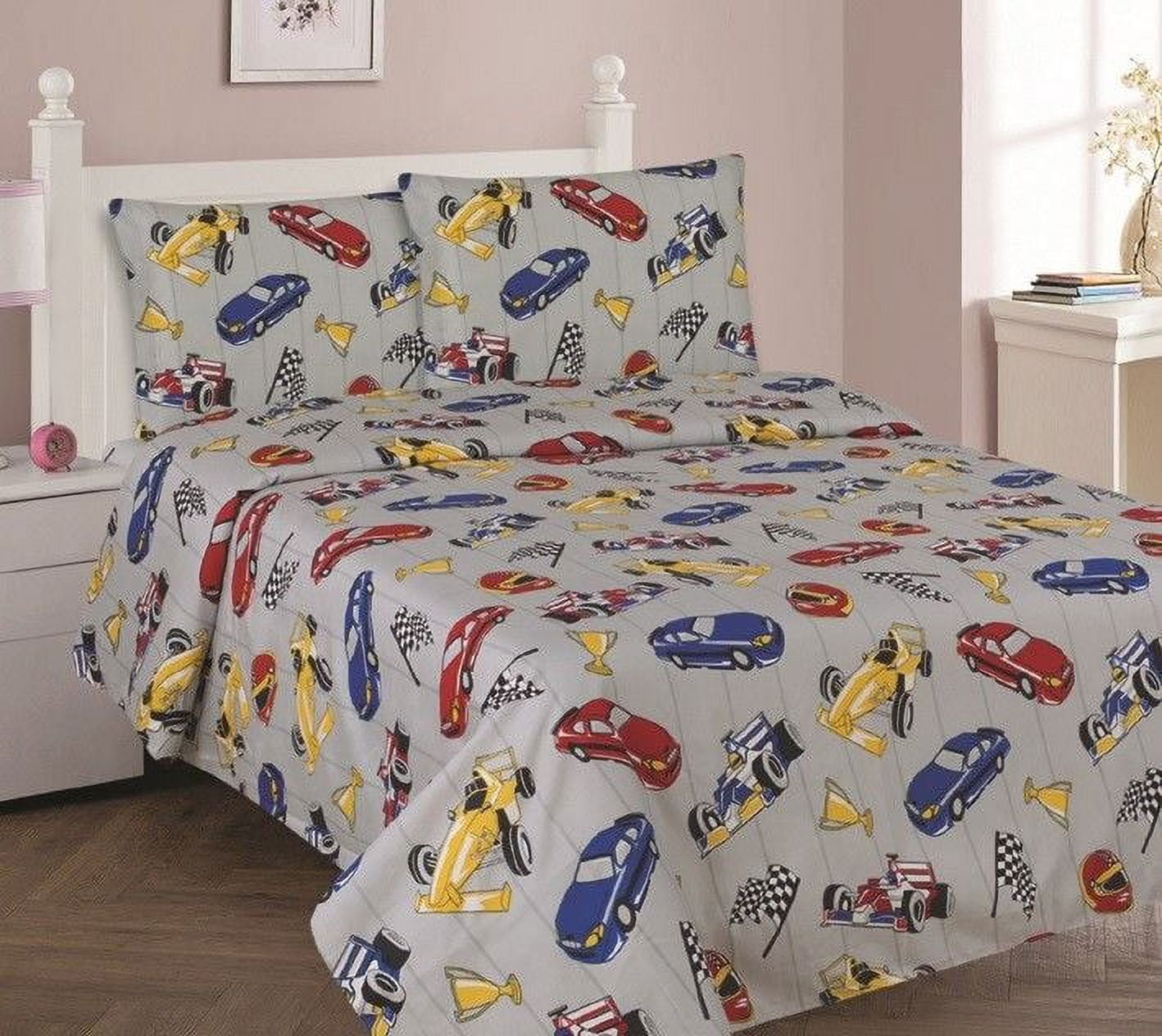 Full Size 4Piece Kids Race Car Printed Microfiber Bedding Set