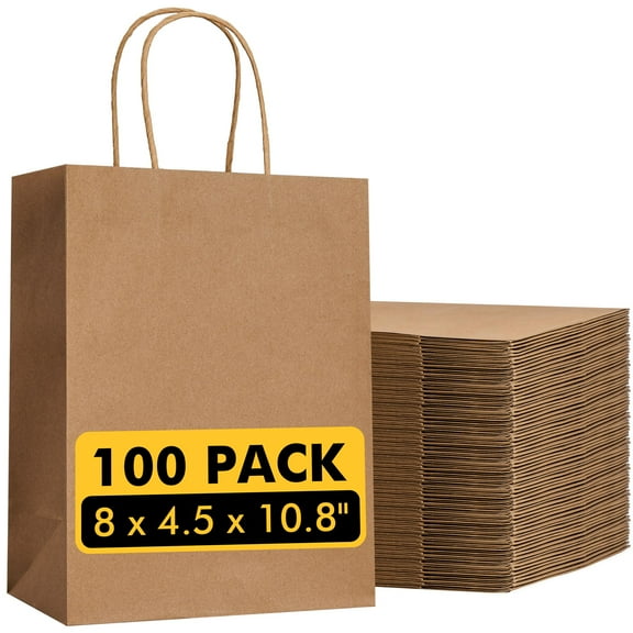 Brown Paper Bags with Handles Bulk 100Pcs 8x4.5x10.8 Inch Gift Bags Bulk, Brown Kraft Paper Bags for Retail, Party, Shopping, Favor