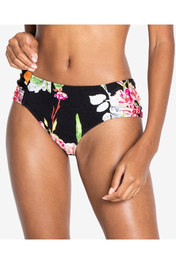 Women's Black Floral Stretch Ruched Lined Moderate Coverage Swimsuit Bottom XS