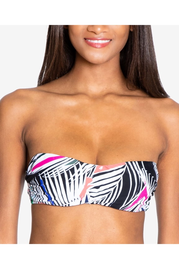 Women's Black Palm Print Stretch Removable Cups Bikini Convertible Bandeau Swimsuit Top M