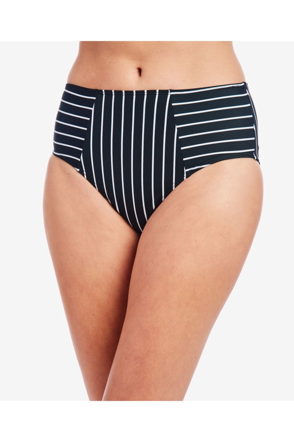 Women's Black Striped Stretch Lined Bikini Moderate Coverage High Waisted Swimsuit Bottom M