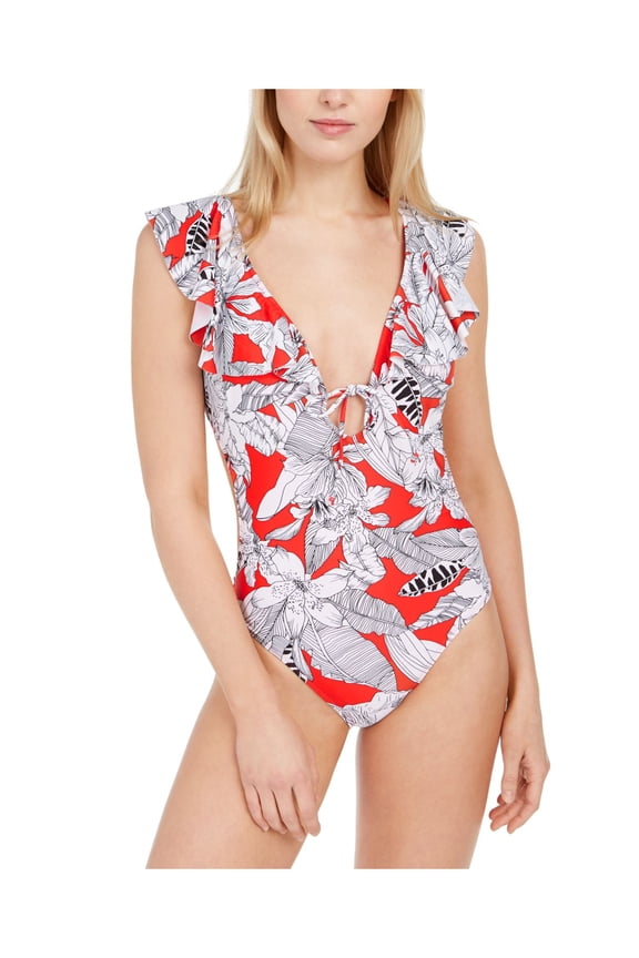 Women's Red Floral Stretch Removable Cups Lined Ruffled Adjustable Moderate Coverage Island Getaway One Piece Swimsuit XL