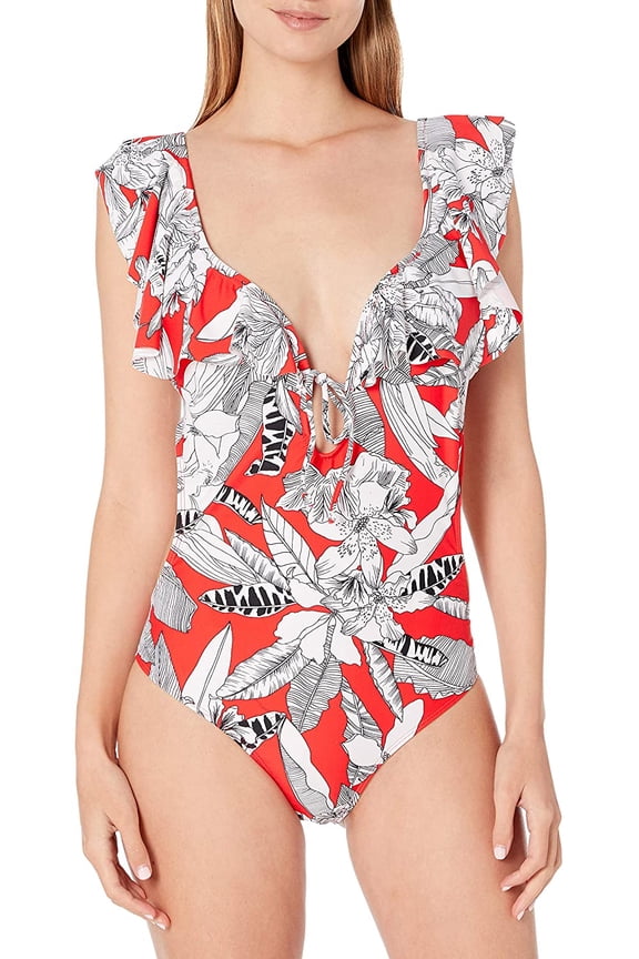 Women's Red Floral Stretch Removable Cups Lined Ruffled Adjustable Moderate Coverage Island Getaway One Piece Swimsuit XS