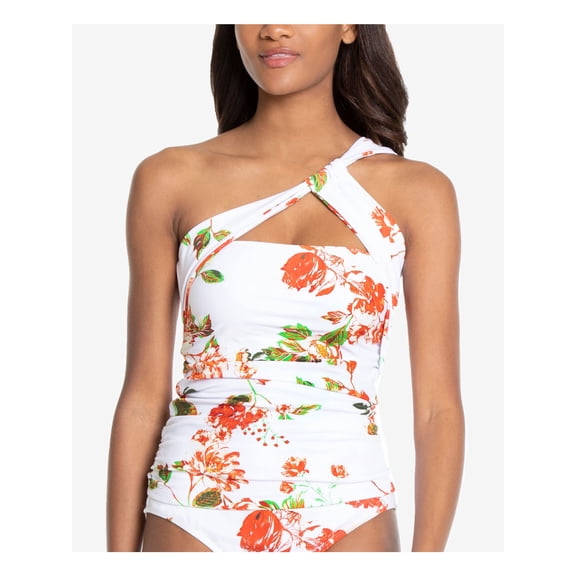 RACHEL RACHEL ROY Women's White Floral Removable Cups Lined Cutout One Shoulder Tankini Swimsuit Top XS
