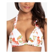 RACHEL RACHEL ROY Womens White Floral Stretch Tie Bikini Fixed Cups Deep V Neck Halter Swimsuit Top S