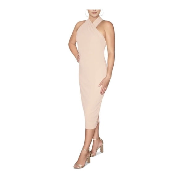 RACHEL RACHEL ROY Womens Beige Stretch Pleated Zippered Crossover Halter Slitted Back Sleeveless Below The Knee Evening Sheath Dress XL
